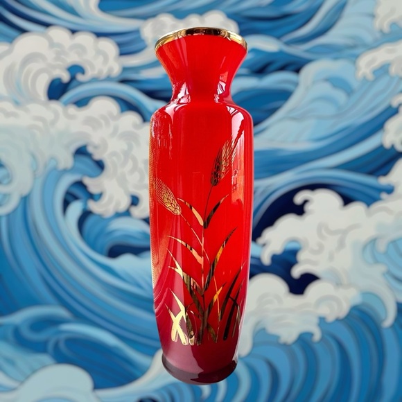 Enesco Other - ✨VINTAGE✨Enesco Import Japan orange/red glass vase with a gold wheat design